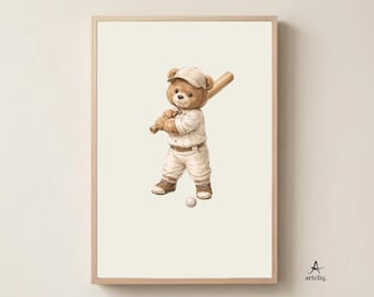 Poster honkbal teddybeer A2 – kunst aan de muur sportkwekerij, neutrale babykamer digitale download