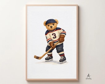 Teddy Bear Hockey Poster A2 – Sports Nursery Wall Art, Neutral Baby Room Digital Download