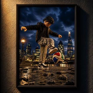 May include: A framed wall art print depicting a brick-built figure in a black jacket and patterned pants juggling a colorful soccer ball. The scene is set against a night skyline of London, featuring the Shard and Gherkin buildings by the river.