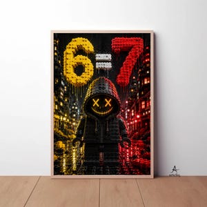 May include: A framed wall art print featuring a black hooded figure with a glowing orange X-eyed mask. Above the figure, the text 6=7 is rendered in yellow, white, and red brick-like textures. The background depicts a dark, rainy city street.