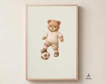 Teddy Bear Soccer Poster A2 – Sports Nursery Wall Art, Neutral Baby Room Digital Download