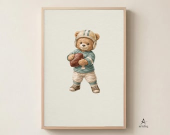 Poster vintage con orsacchiotto e football americano, formato A2 – Decorazione murale sportiva per cameretta, download digitale