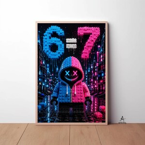 Può includere: Una stampa artistica incorniciata raffigurante una figura stilizzata con una felpa con cappuccio dalla texture a mattoncini divisa in blu e rosa con un volto al neon luminoso. Sopra la figura, il testo 6 = 7 è scritto in lettere a mattoncino.