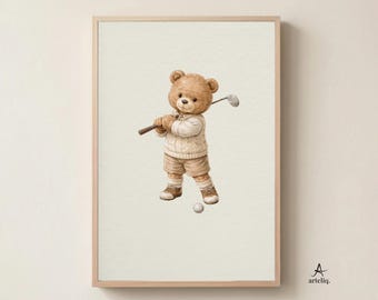 Teddy Bear Playing Golf Nursery Wall Art | Sports Nursery Decor | Neutral Baby Room Print | Scandinavian Nursery Art | Digital Download