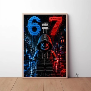 May include: A framed wall art print featuring a block-style figure in a dark hoodie with a glowing blue and red neon mask. Above the figure, the text 6=7 is displayed in blue and red block letters. The background shows a dark city street.