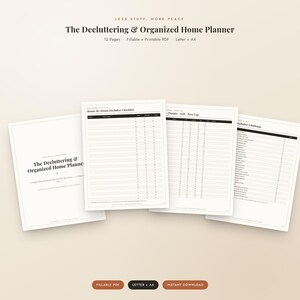 Puede incluir: Un planificador digital titulado The Decluttering & Organized Home Planner, con 12 páginas en tamaños Letter y A4. El documento incluye una lista de verificación de limpieza por habitaciones, un registro de donar/vender/tirar y un reto de limpieza.