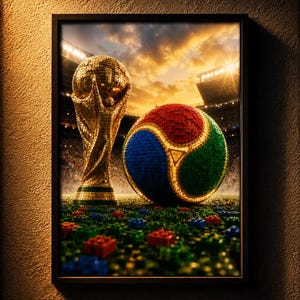 May include: A framed wall art print depicting a golden trophy and a multicolored sphere composed of small building blocks. The objects are positioned on a field covered in scattered red, blue, and green building bricks inside a stadium.