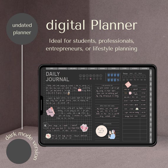 Dark Mode Digital Planner 2025: 1000+ Stickers & Templates (iPad, GoodNotes) (Digital Download)