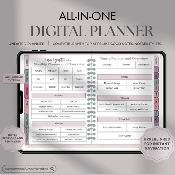 ALL-IN-ONE Digital Planner - Hyperlinked, Aesthetic & Fully Customizable | GoodNotes, Notability, iPad Compatible