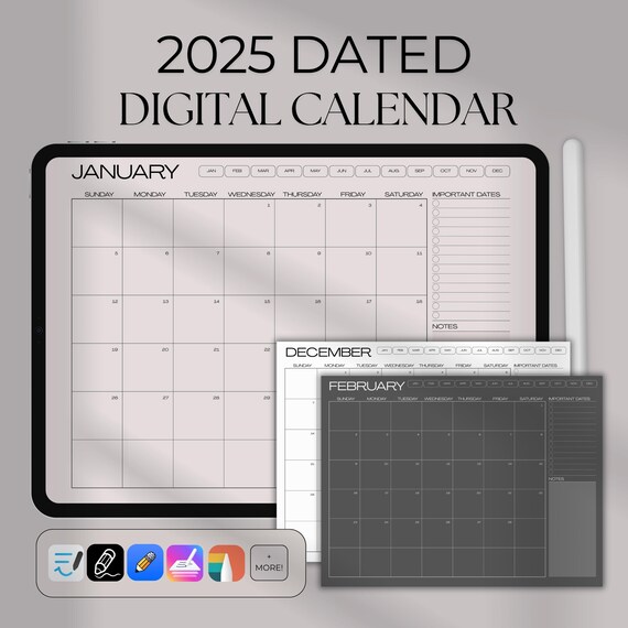 Clickable 2025 Digital Calendar – Dated Monthly Planner for iPad & Tablet | Compatible with Goodnotes, Notability and more