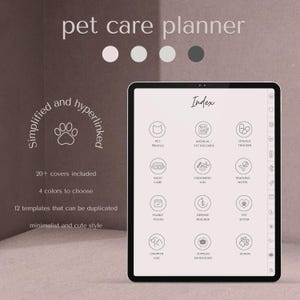 Puede incluir: Un planificador digital de cuidado de mascotas que se muestra en una tableta. El planificador incluye un índice con iconos para el perfil de la mascota, los registros médicos, el seguimiento de la dosis, el cuidado diario, el registro de aseo, las notas de entrenamiento, etc. El texto incluye "pet care planner".