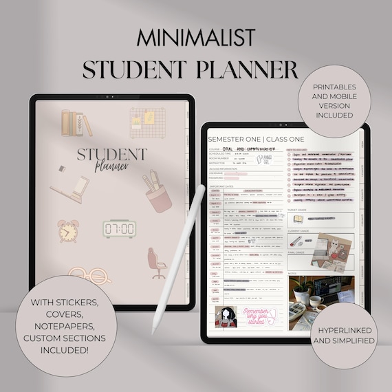 Minimalist Digital Student Planner Undated iPad Planner with Hyperlinked Tabs GoodNotes & Notability Compatible