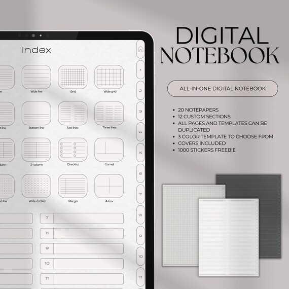 Digital Notebook for Goodnotes, Notability & Starnote | 20 Notepaper Templates, 12 Custom Sections, Hyperlinked Tabs, Paperlike Texture