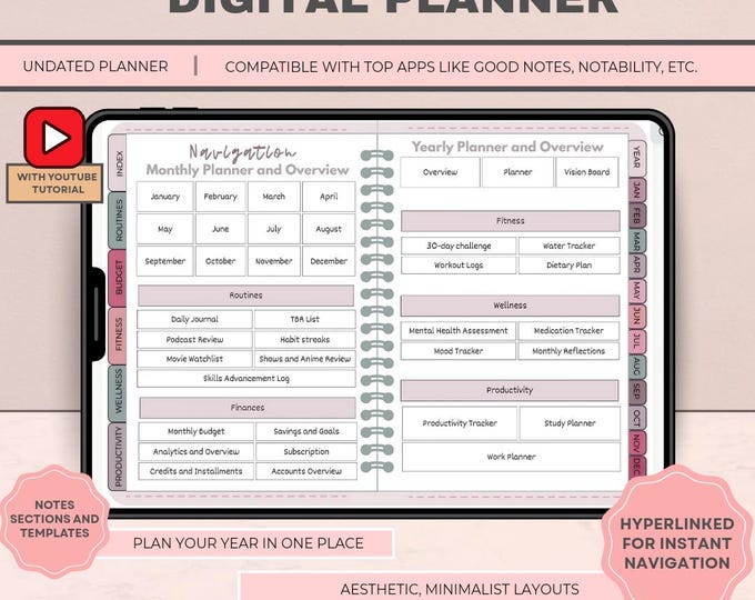 Featured listing image: ALL-IN-ONE Digital Planner - Hyperlinked, Aesthetic & Fully Customizable | GoodNotes, Notability, iPad Compatible
