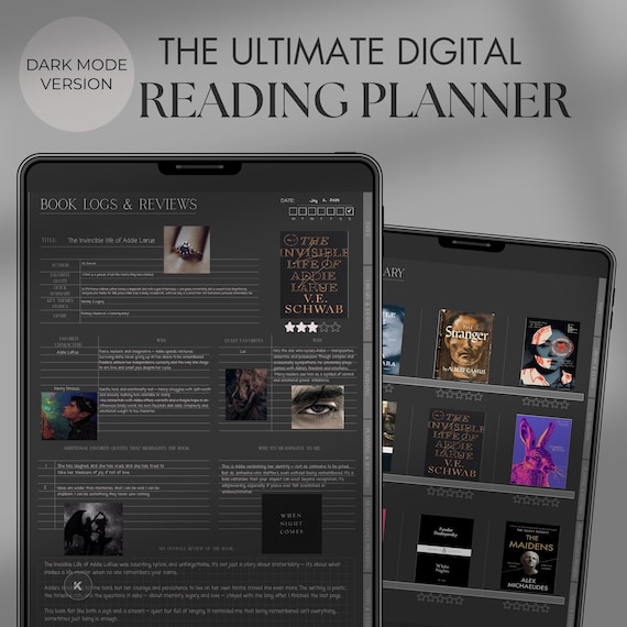 Dark Mode Reading Planner | Digital Book Journal | Hyperlinked Black PDF for Goodnotes & iPad