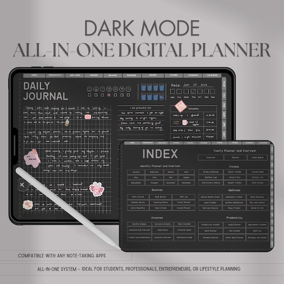 2025 Dark Mode Digital Planner – 1000 Stickers + 100 Templates | Undated & Hyperlinked for iPad and GoodNotes