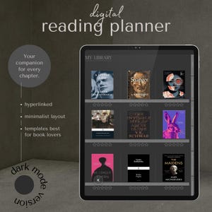 Op de afbeelding: Een digitale leesplanner op een tablet, met een donkere modus ontwerp. Het scherm toont boekomslagen zoals "A Little Life" en "The Stranger". Tekst benadrukt functies zoals hyperlinks en een minimalistische lay-out. De tekst "dark mode version" is ook zichtbaar.
