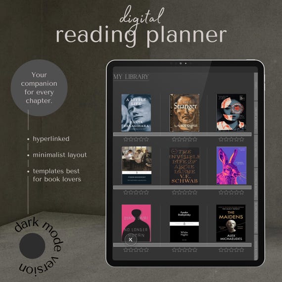 Dark Mode Reading Planner | Digital Book Journal | Hyperlinked Black PDF for Goodnotes & iPad