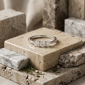 May include: A silver ring with three round, clear gemstones. The ring is set on a textured, light-colored stone surface, with other stone blocks in the background. The ring is a classic design.
