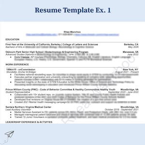 Puede incluir: Una plantilla de currículum vitae titulada "Resume Template Ex. 1" con el nombre Rhea Wanchoo. El currículum incluye secciones para educación, experiencia laboral y actividades de liderazgo. El documento está formateado con un diseño limpio y profesional.