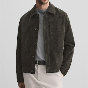 Mens Green Vintage Suede Leather Jacket Slim Fit Bomber Biker Trucker Jacket