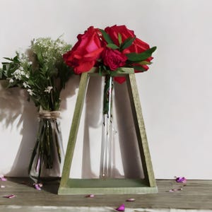 Grüne Farbe Holzwand & Tischvase mit Glasrohr | Rustikale Knospe Vase | Minimalistischer Blumenhalter | Handmade Wohndekor