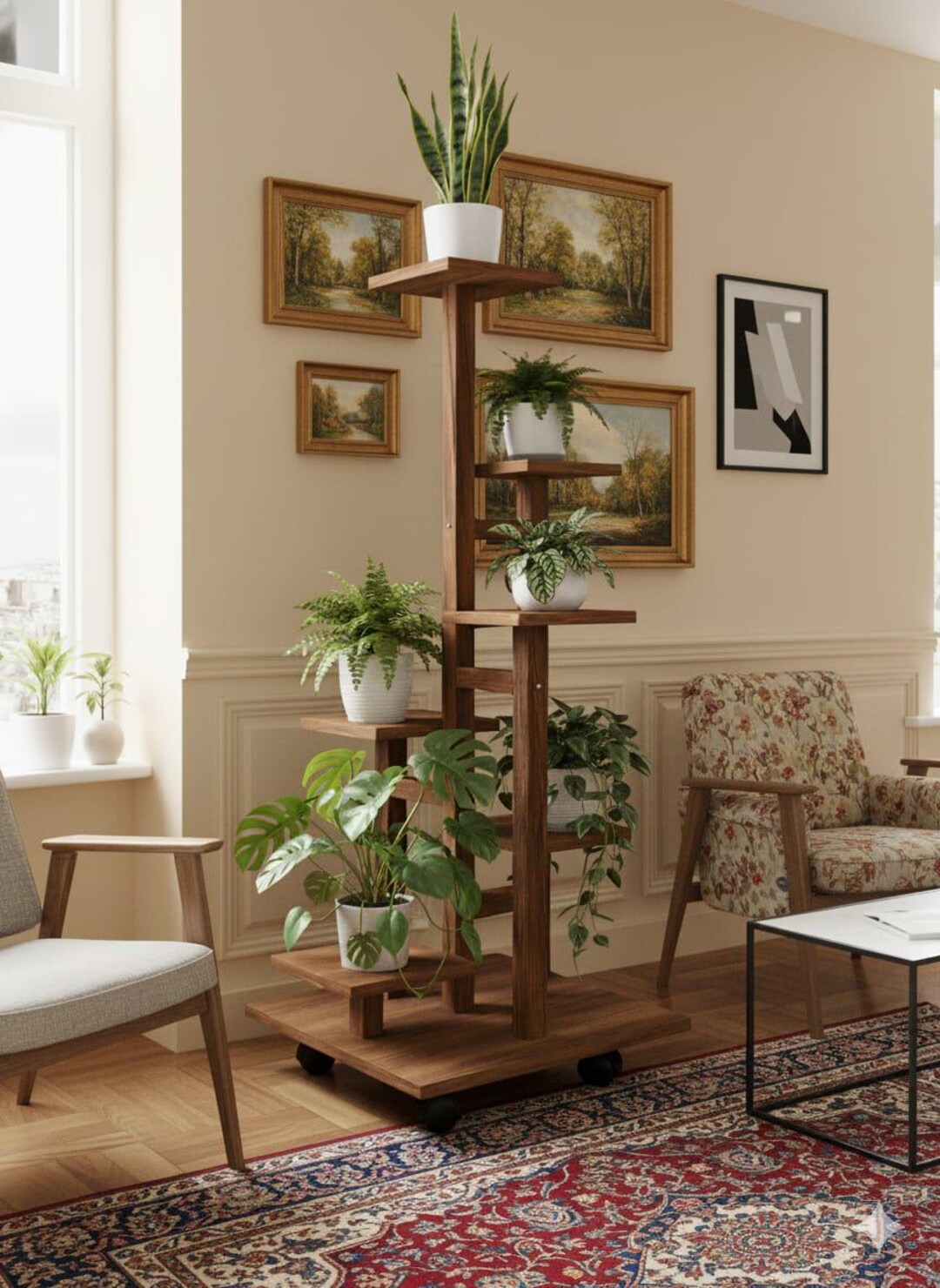 Modern Wooden Plant Stand With Wheels – Multi-level Indoor Flower Shelf ...
