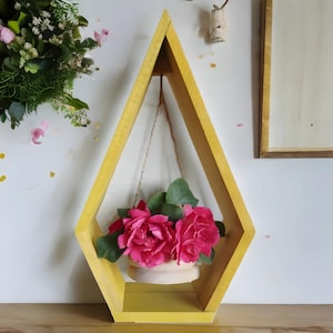 Gelbe Farbe Geometrische Holzvase - Tropfenrahmen mit Mini-Hängetopf - Rustikale Boho Wand- oder Tischdekoration - Handgemachtes Geschenk