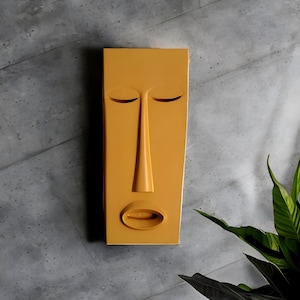 Yellow Ochre Face Wall Sculpture: Modern Minimalist Mask Art