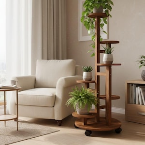 Stojak na rośliny z drewna orzechowego: wielopoziomowa skandynawska półka na kwiaty