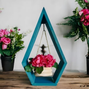 Blaue Farbe Geometrische Holz-Hängevase - Teardrop-Rahmen mit Mini-Hängetopf - Rustikale Boho-Wand- oder Tischdekoration - handgemachtes Geschenk