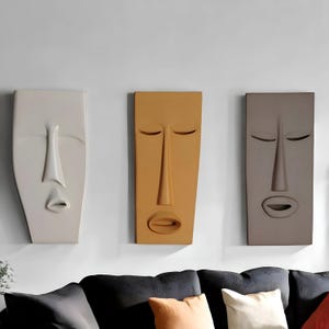 Set of 3 Modern Face Wall Sculptures | Abstract Minimalist Wall Masks | Handmade Home Decor - Alaçatı White / Yellow Ochre / Pebble