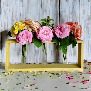 Gelbe Farbe Wand & Tischvase mit Glasrohr | Rustikale Knospe Vase | Minimalistischer Blumenhalter | Handmade Wohndekor