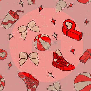 May include: A repeating pattern on a pink background featuring red and white elements. The design includes a red high-top sneaker with hearts, bows, whistles, a drink cup, and a basketball. Red star shapes are scattered throughout.