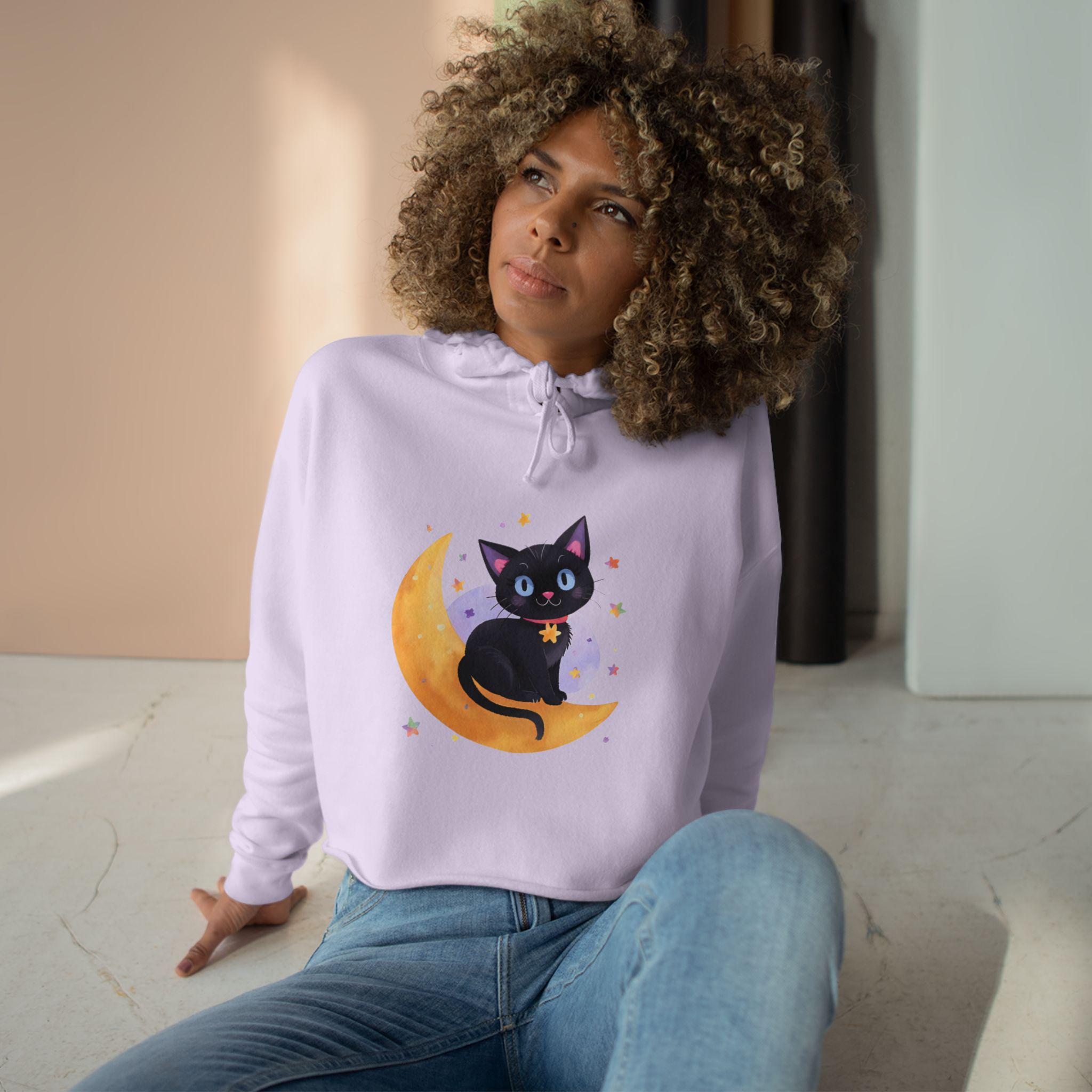 Meowgical Black Cat Crop Hoodie, Cute Cat Hoodie, Moon Phase Apparel, Magical Gifts for Cat Lovers, Cozy Streetwear