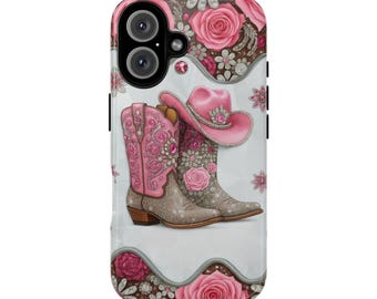 May include: A phone case with a pink cowboy hat and boots design. The boots and hat have floral and rhinestone details. The case has a floral and glitter pattern around the edges and a white background.