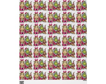 Grinch Girl with Flowers Wrapping Paper | Floral Character Pattern (Pink)