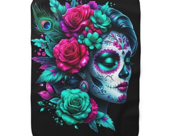 Sugar Skull Floral Sherpa Blanket | Día de los Muertos Skull Throw #32
