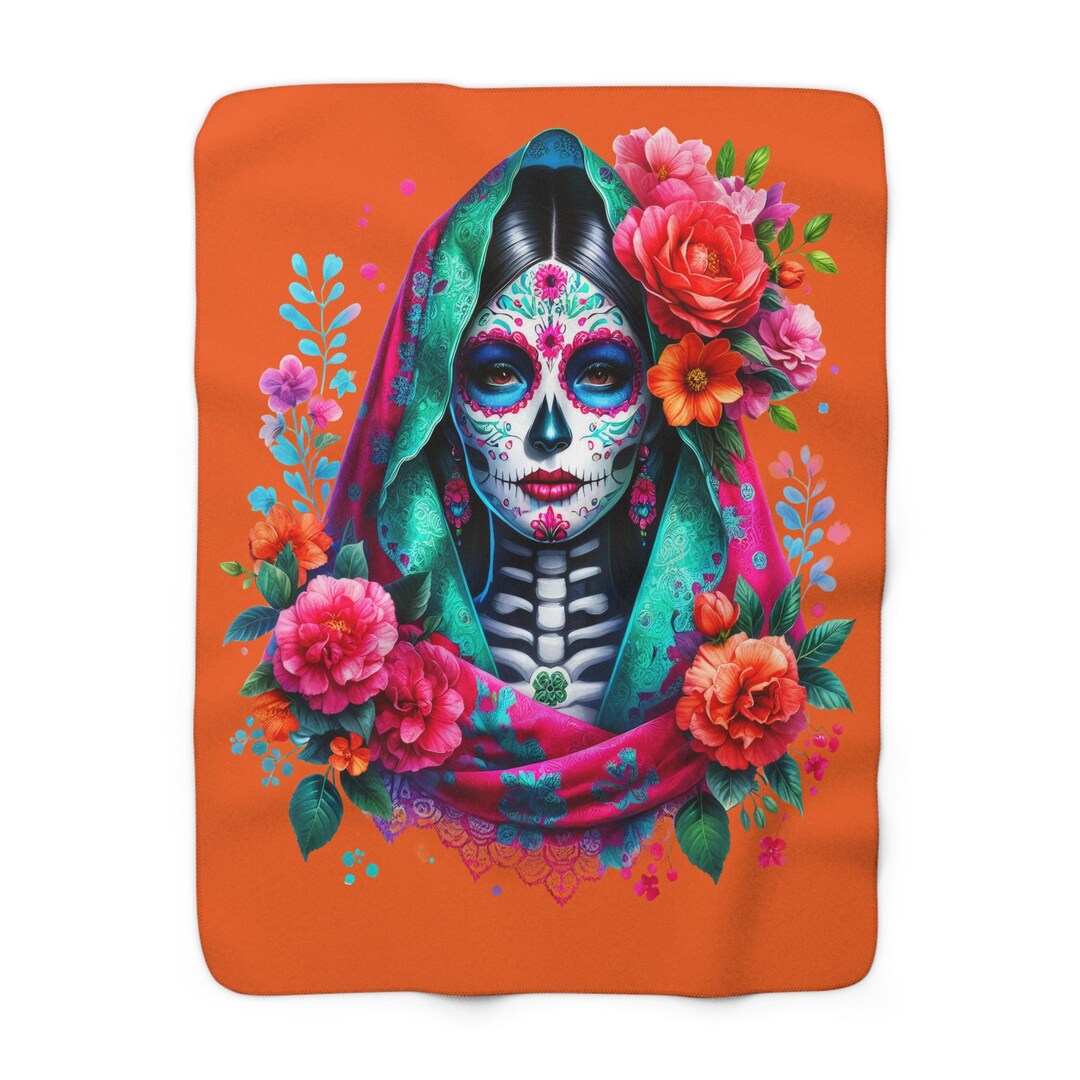 Orange Sugar Skull Lady Sherpa Blanket | Day of the Dead Floral