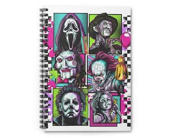 Caderno espiral com colagem de ícones de terror | Vilões de filmes de terror neon