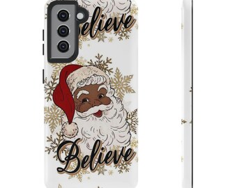 Black Santa Claus Believe Phone Case | Tough Case, Christmas Snowflakes (Samsung Galaxy S21)