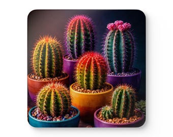 Colorful Potted Cactus Corkwood Coaster Set | Vibrant Succulent Drink Coasters