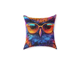 Colorful Owl with Sunglasses Pillow | Square Poly Canvas Pillow