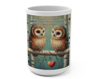 Two Owls on Branch Mug | Heart Ornament Illustration, Whimsical Woodland Art