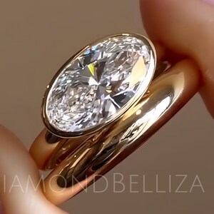 3 CT Bezel Set Oval Cut Moissanite Wedding Bridal Set, 14K/18K Solid Gold With Solid Round Shape Plain Gold Band, Anniversary Wedding Gift