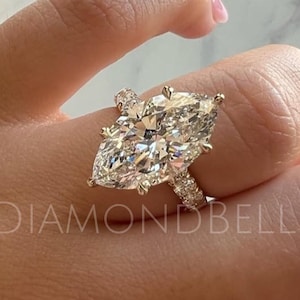 4 CT Marquise Cut Moissanite Engagement Ring, 14K/18K Solid Gold, 6 Prong With Round Hidden Halo Ring, Elongated Marquise, Wedding Ring Gift