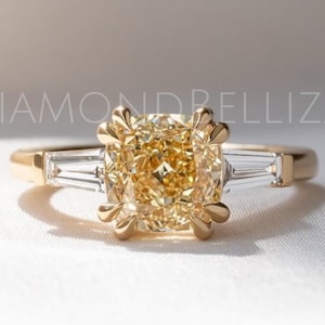 2.20 CT Canary Yellow Cushion Cut Moissanite Engagement Ring, 14K Solid Gold, Side Tapered Baguette Three Stone, 8 Double Prong Wedding Gift