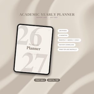 Puede incluir: Un planificador académico anual de agosto de 2026 a julio de 2027 en una pantalla de tableta. La interfaz muestra el texto '26 27' y 'Academic Planner'. Las etiquetas incluyen 249 páginas, 12 meses, mensual, semanal, diario, descarga y PDF.