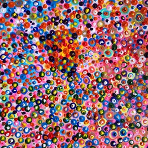 May include: Abstract artwork featuring a pink backdrop densely populated with multi-coloured circles. The circles are diverse in size and hue, including blue, orange, yellow, green, and red. Some circles have a smaller central circle.