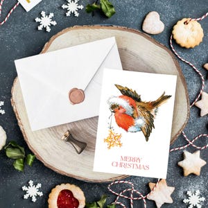 Pack of 6 Merry Christmas Cards - Cute Robin Art Design, Blank Inside, A6 Size